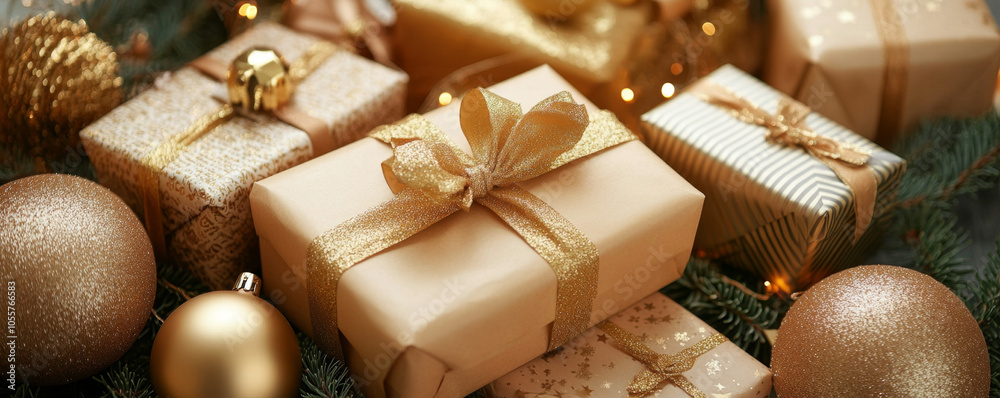 Golden Holiday Gifts with Christmas Tree in Background Golden Holiday Gifts with Christmas Tree in Background