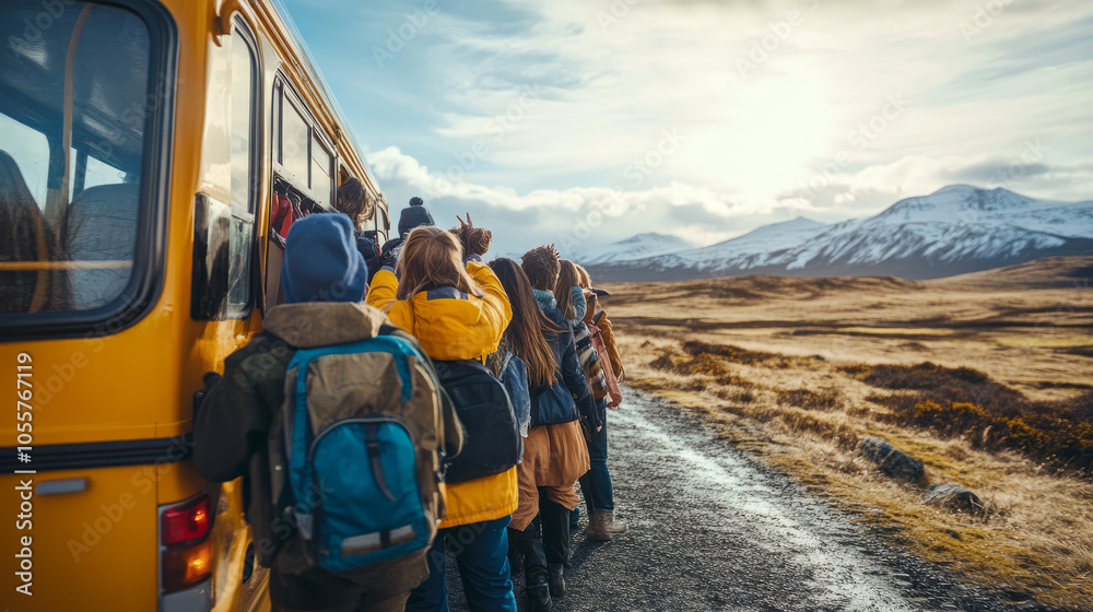 A group of excited tourists boarding a bus for a group tour, surrounded by scenic landscapes and ready to explore together A group of excited tourists boarding a bus for a group tour, surrounded by scenic landscapes and ready to explore together