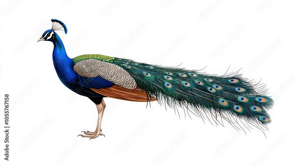 Naklejka premium Peacock standing, white isolate background