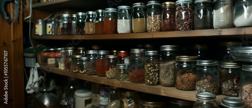 A wooden shelf lined with an assortment of colorful jars filled with diverse spices, embodying the rich aroma and flavor of culinary exploration.