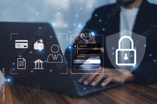 Obraz na płótnie Businessman prioritizes login data security, implementing advanced authentication to protect sensitive information and prevent unauthorized access, ensuring business continuity and trust. w salonie