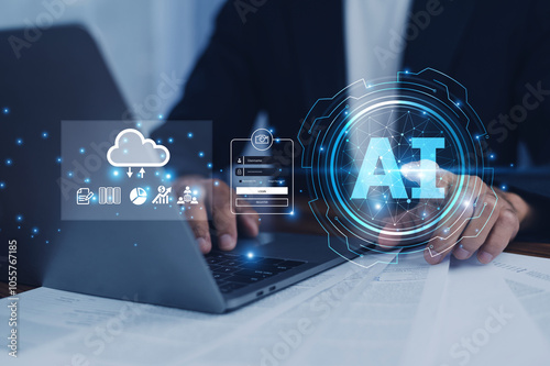 Businessman uses AI data security to safeguard company assets, ensuring confidential information remains protected and reducing cyber threats in the digital age. AI security concept. photo