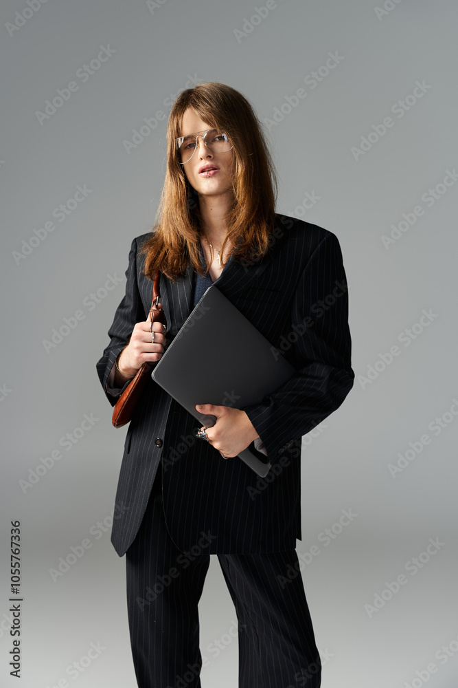 A fashionable young man poses confidently, holding a laptop case while dressed in sleek attire. A fashionable young man poses confidently, holding a laptop case while dressed in sleek attire.