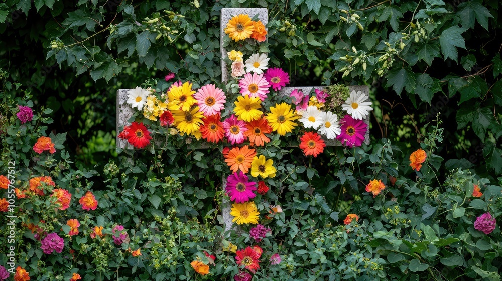 Naklejka premium Colorful Floral Cross at Memorial Site