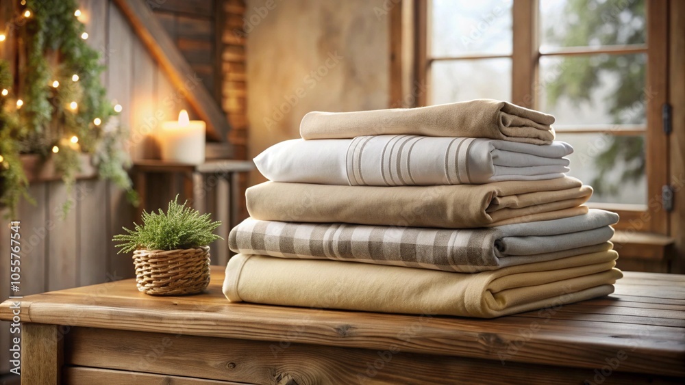 A stack of plush, soft flannel sheets in neutral colors folded neatly on a wooden shelf, set in a warm-toned room with natural lighting, suggesting comfort and warmth for cold winter nights