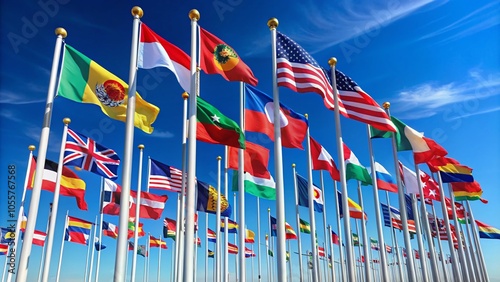 Collection of World Flags on Flagpole with Copy Space for Global Unity and Celebration
