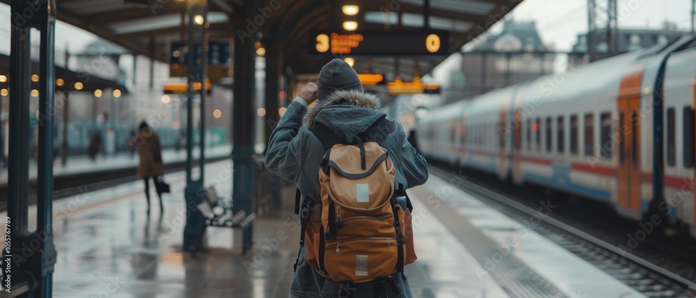 A traveler with a backpack waits at a bustling train station, ready to venture into new paths of exploration. A traveler with a backpack waits at a bustling train station, ready to venture into new paths of exploration.