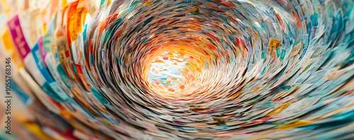 Colorful Paper Spiraling Into a Light Source, Creating a Vivid Abstract Background