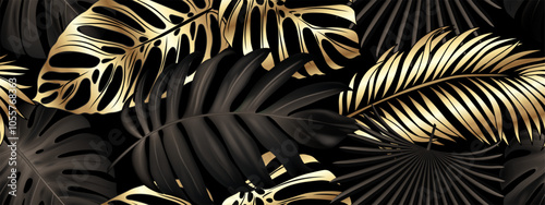 Luxurious gold and black background vector. Floral pattern, gold monster leaves, palm tree, banana leaf. Vector illustration.