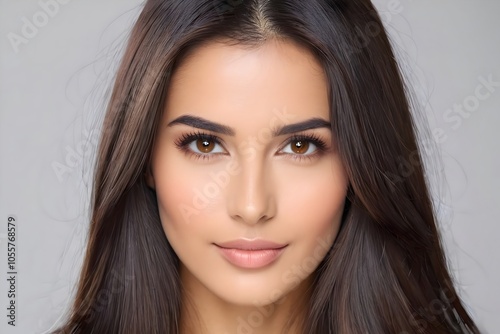 Close-up portrait of a beautiful woman with long dark brown hair and warm brown eyes, on a light gray background, studio shot.