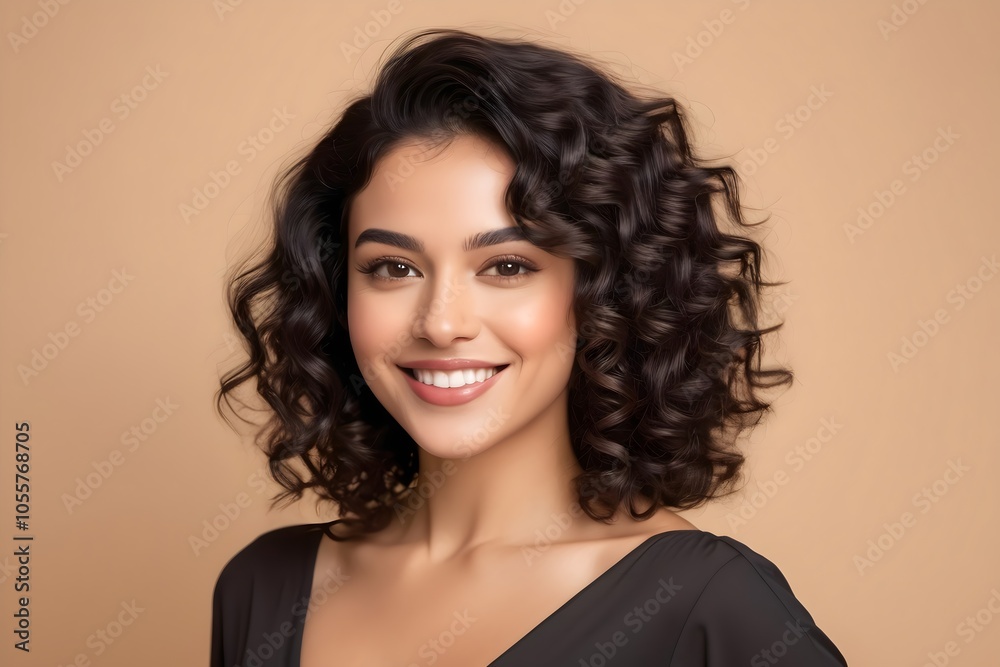 Portrait of a stunning woman with curly black hair, bright hazel eyes, and a beautiful white smile against a warm beige background. Portrait of a stunning woman with curly black hair, bright hazel eyes, and a beautiful white smile against a warm beige background.