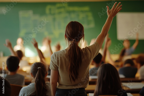 Photo of a classroom full of students eager to participate in a lesson. Great image for education, learning, and back to school themes.