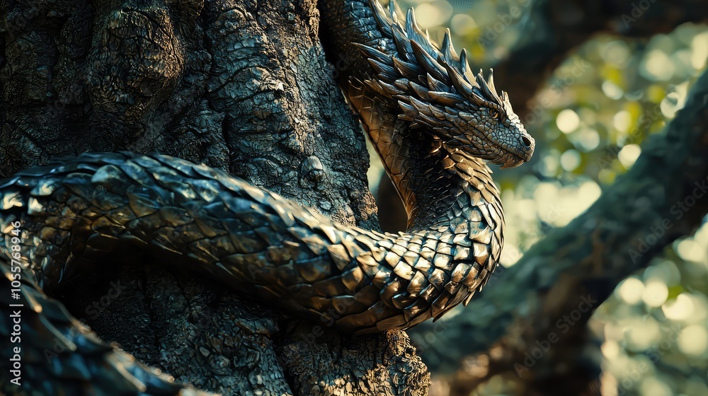 Dragon Tail Gracefully Coiling Around Tree Branch