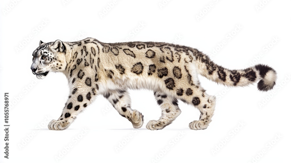Fototapeta premium Snow leopard walking, white isolate background