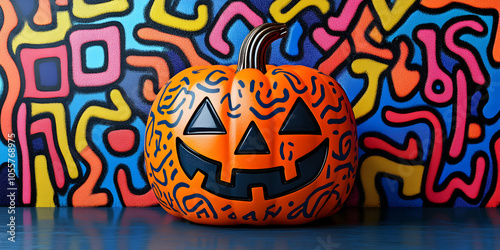 A 3D Rendered Orange Pumpkin with a Black Grin and Blue Swirls, Set Against a Vibrant Abstract Colorful Wall photo