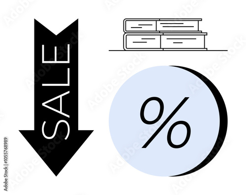 Black arrow with SALE text pointing downwards, stack of three books, blue circle with percentage symbol. Ideal for marketing, education discounts, bookstore promotions, library sales, academic