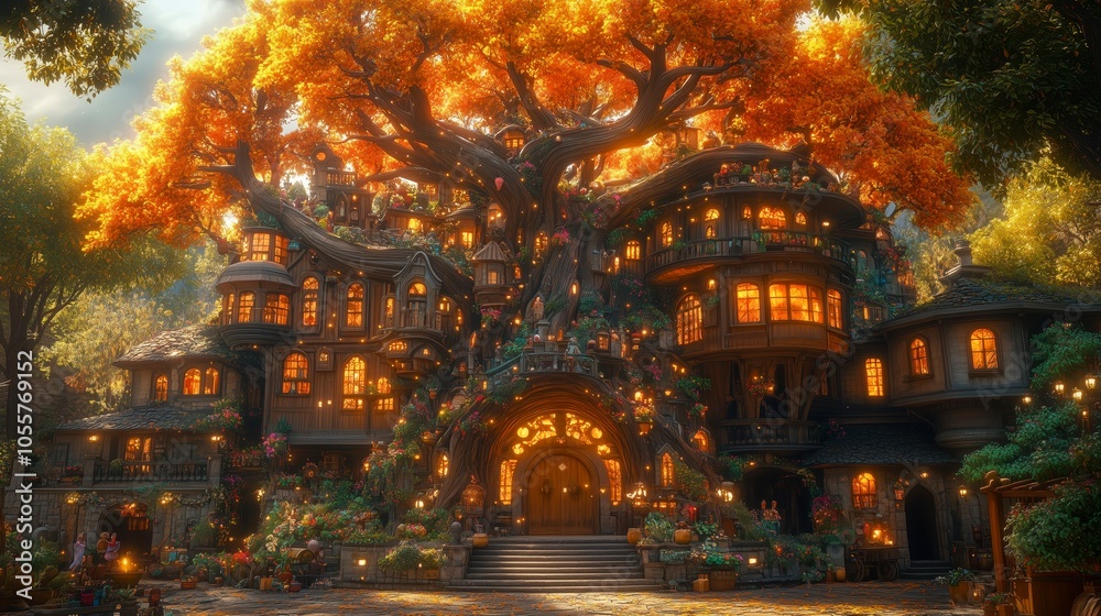 Enchanted Treehouse With Autumn Foliage in a Magical Forest Setting During Golden Hour Enchanted Treehouse With Autumn Foliage in a Magical Forest Setting During Golden Hour