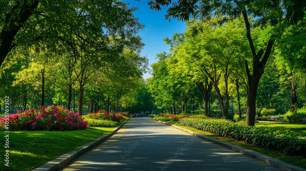 A serene walkway lined with lush greenery and vibrant flowers, leading through a peaceful park under a clear blue sky A serene walkway lined with lush greenery and vibrant flowers, leading through a peaceful park under a clear blue sky
