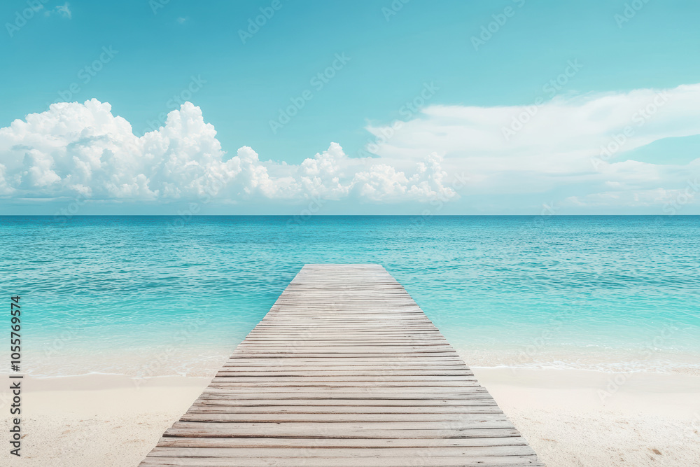 Tranquil scene with a weathered pier leading to the crystal clear ocean. Ideal for travel, vacation, and relaxation themes. Tranquil scene with a weathered pier leading to the crystal clear ocean. Ideal for travel, vacation, and relaxation themes.