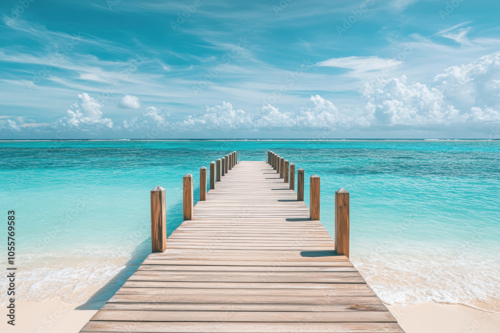 Tranquil scene with a weathered pier leading to the crystal clear ocean. Ideal for travel, vacation, and relaxation themes. Tranquil scene with a weathered pier leading to the crystal clear ocean. Ideal for travel, vacation, and relaxation themes.
