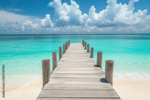 Tranquil scene with a weathered pier leading to the crystal clear ocean. Ideal for travel, vacation, and relaxation themes.