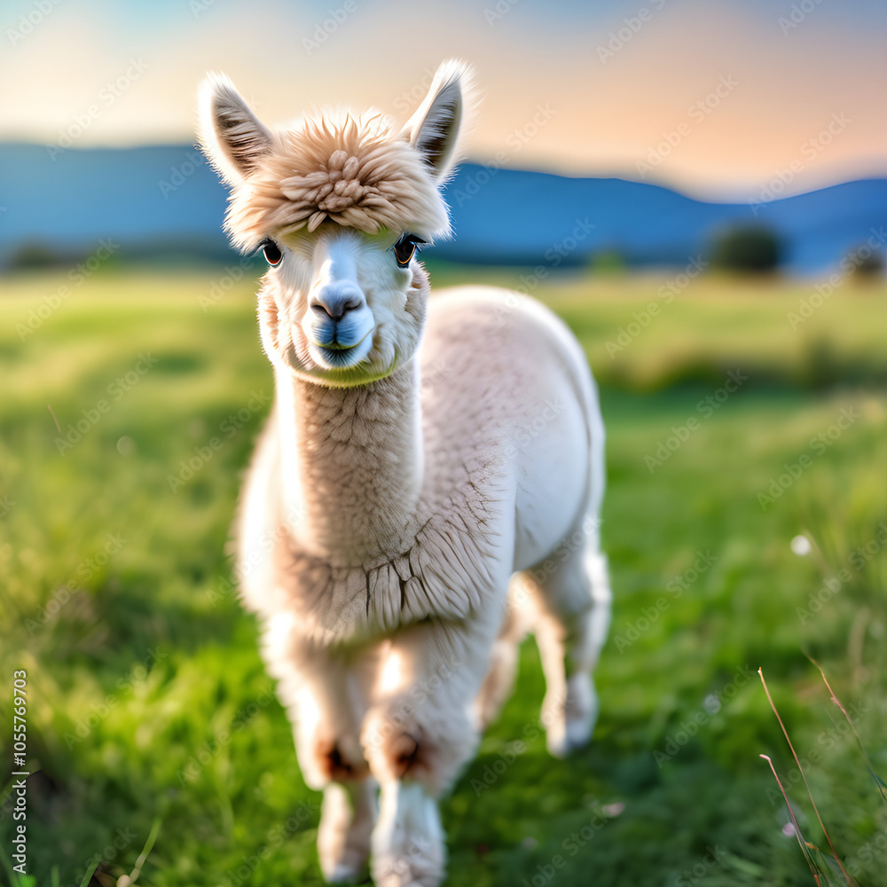 Obraz premium Adorable Alpaca in a Green Field at Sunset