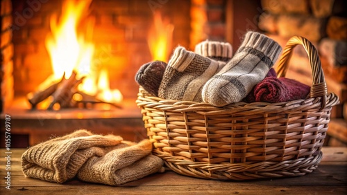 Warm wool socks arranged by the fire, embodying comfort and coziness photo