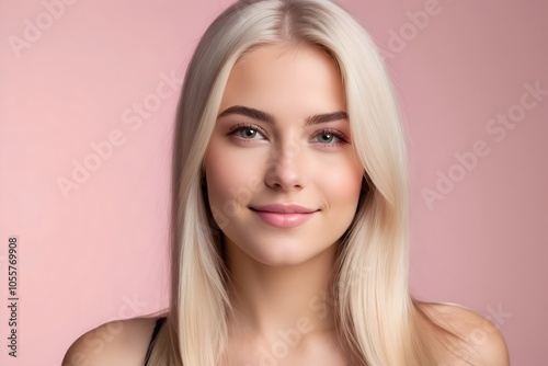 Portrait of a beautiful young woman with long, straight platinum blonde hair, sparkling hazel eyes, and a soft smile, set against a light pink background, studio shot.
