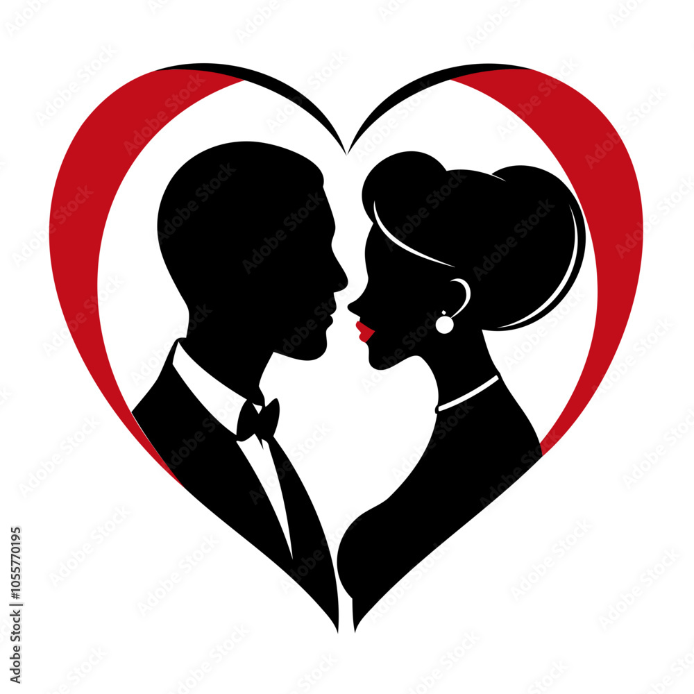 Romantic Couple Black silhouette vector Illustration behind heart shape isolated on a transparent background