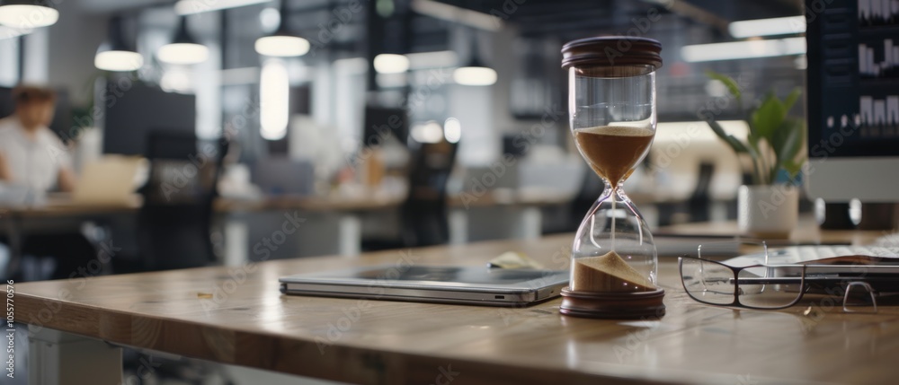 An hourglass graces a modern office desk, symbolizing the fleeting nature of time and the work-life balance. An hourglass graces a modern office desk, symbolizing the fleeting nature of time and the work-life balance.
