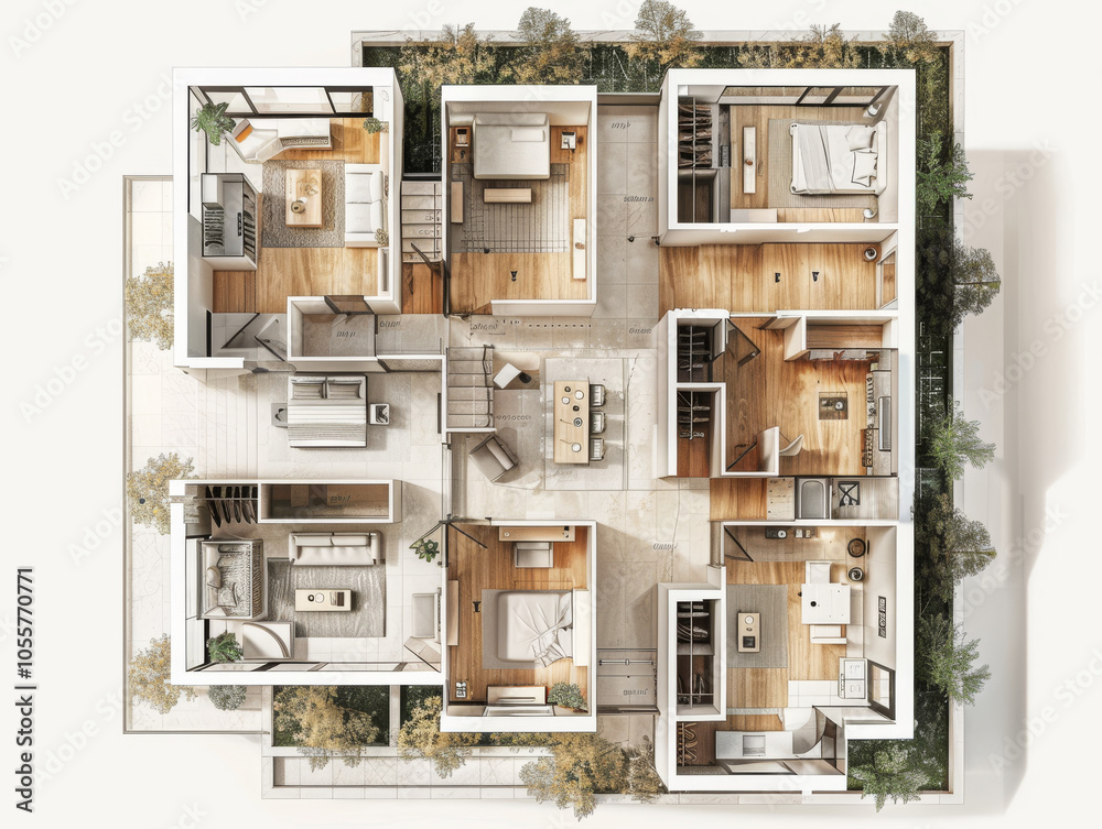 A highly detailed floor plan for each level of a four-story apartment building, presented in a clean A highly detailed floor plan for each level of a four-story apartment building, presented in a clean