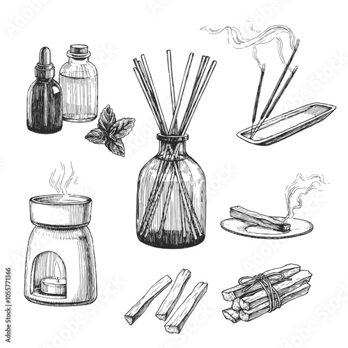 Vector set of hand-drawn illustrations of items for aromatherapy. Sketches of aroma oils, sticks and smoldering incense.