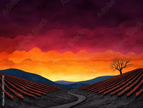 Vibrant sunset over vineyard landscape photo