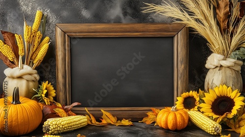 Dark gray slate background adorned with autumn decorations including vibrant sunflowers, pumpkins, and corn, creating a warm seasonal atmosphere. In the center, an empty wooden frame is perfectly posi photo