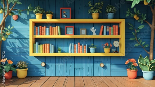 Background with yellow self on the blue wall with accessories for children's education. 