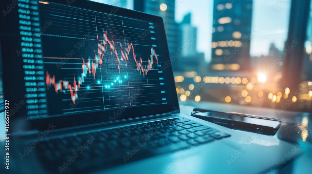 Laptop displaying stock market chart in a modern office setting Laptop displaying stock market chart in a modern office setting
