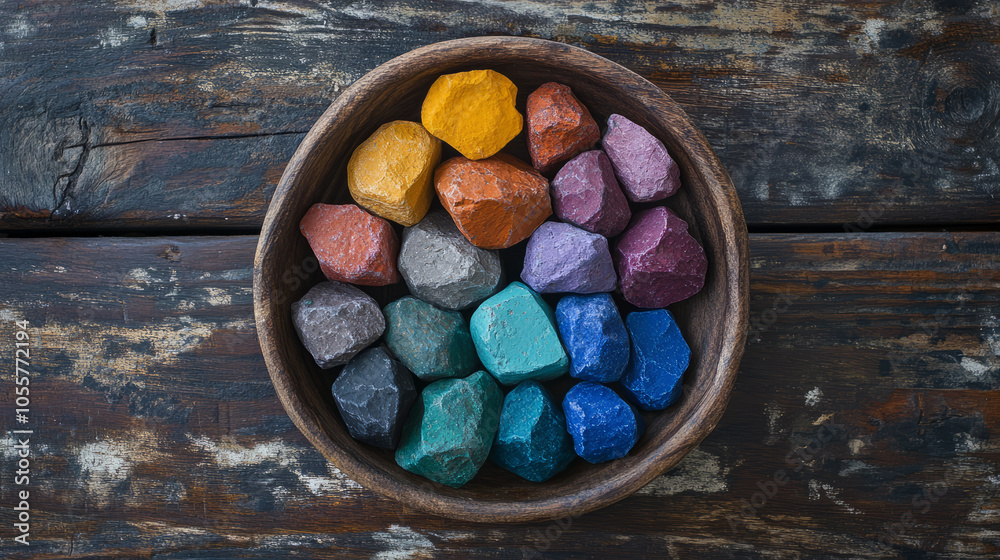 An artistic arrangement of colored lumps in a bowl, displaying an array of shades and shapes, set against a rustic wooden table background An artistic arrangement of colored lumps in a bowl, displaying an array of shades and shapes, set against a rustic wooden table background