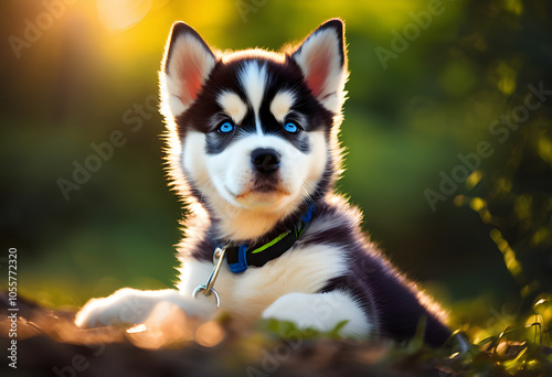 Adorable Husky Puppy with Blue Eyes in Golden Sunlight