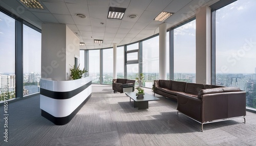 Contemporary spacious office corridor with reception desk, panoramic windows with city view, daylight and couches. 3D Rendering.