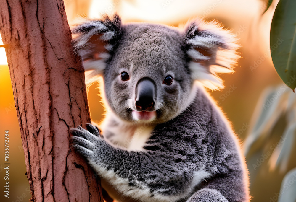 Fototapeta premium Adorable Koala Bear Cub in a Tree at Sunset