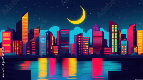 A vibrant city skyline at night, illuminated by colorful lights under a crescent moon reflecting on water. photo