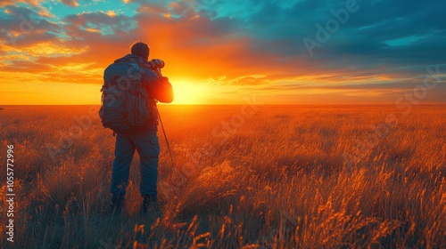 Photographer capturing a sunset in a vast golden field.