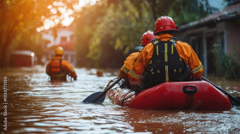 Firefighters and rescue workers assisting residents in flooded areas a community's bravery and resilience Firefighters and rescue workers assisting residents in flooded areas a community's bravery and resilience