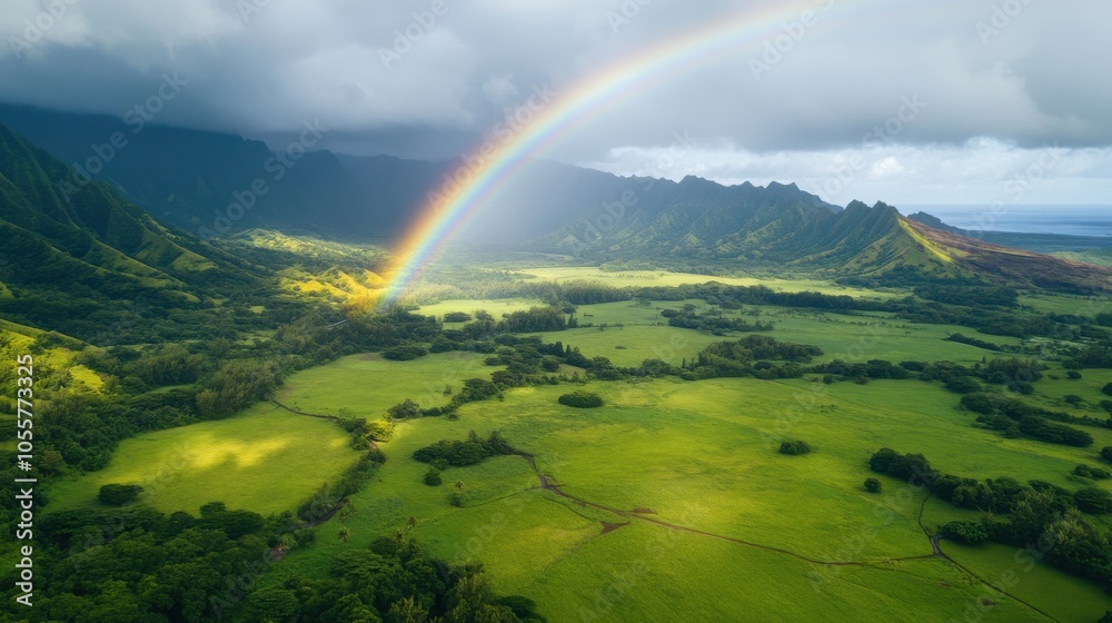 Vibrant Rainbow over Lush Green Landscape Vibrant Rainbow over Lush Green Landscape