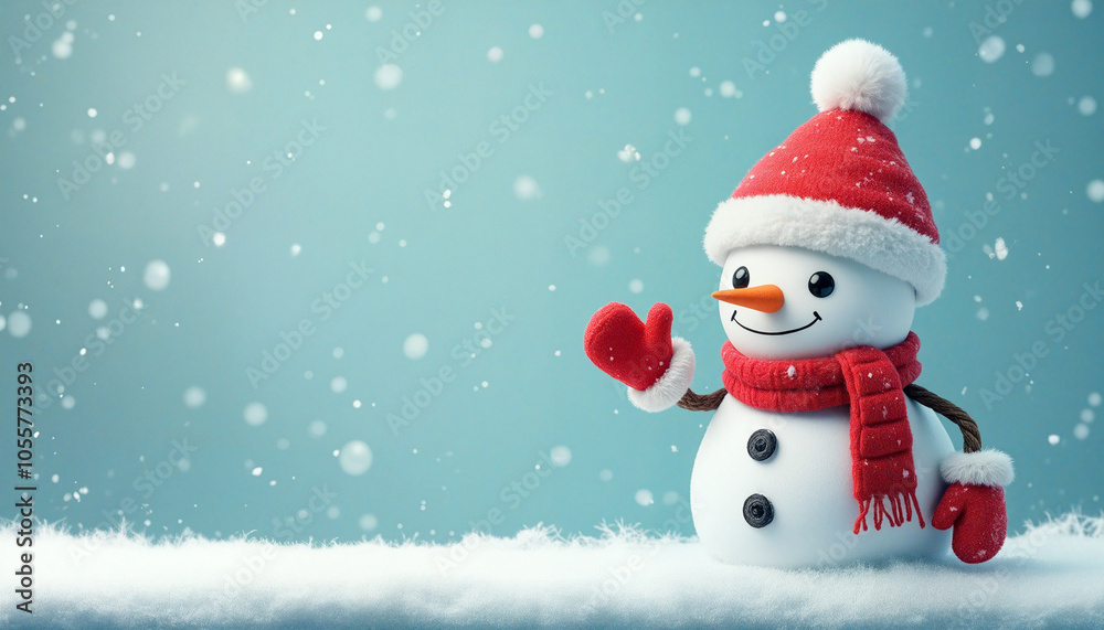 A snowman wearing a red hat and scarf standing in the snow A snowman wearing a red hat and scarf standing in the snow