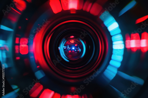 A close-up view of a camera lens, reflecting colorful lights. Perfect for projects related to photography, technology, or digital art.