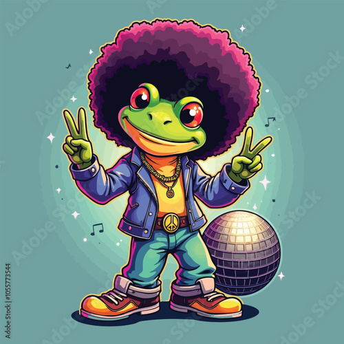 Funky Fro Cartoon Character, Cool and Groovy Frog with Retro Vibes