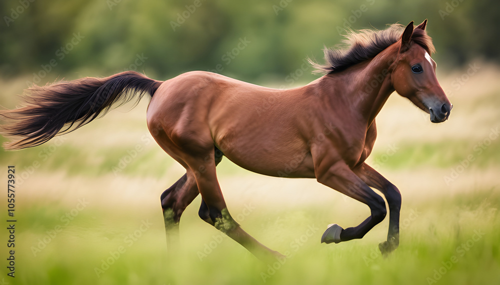 Obraz premium Bay Horse Running Through Green Grass Field