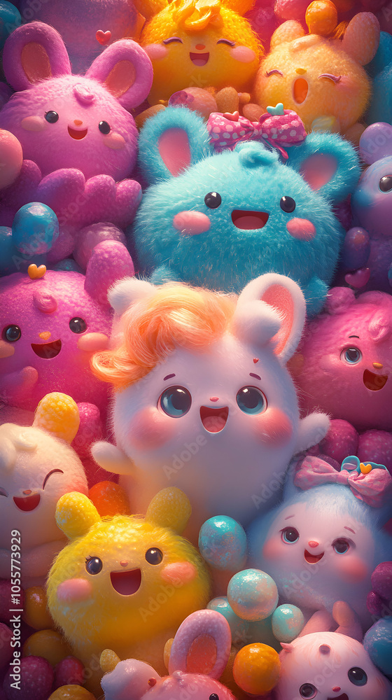Cute Fluffy Bunnies with Smiling Faces Surrounded by Colorful Balls, a Cheerful and Playful 3D Illustration Cute Fluffy Bunnies with Smiling Faces Surrounded by Colorful Balls, a Cheerful and Playful 3D Illustration