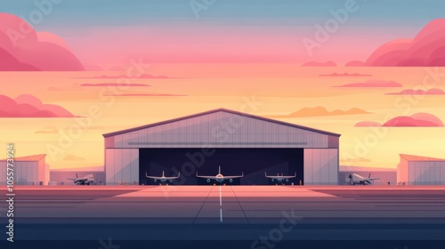 Cartoon Illustration of Aircraft Hangars at Sunset